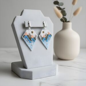 #393 HAND CRAFTED Earrings handcrafted handmade Fringe Blue Peach Grey